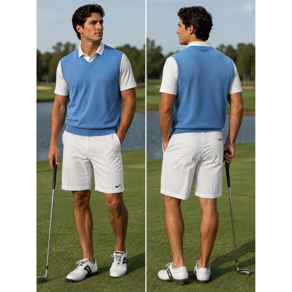 Pro Tour Large Sweater Vest Blue Textured All Cotton Golf Sport Athleisure 48x38